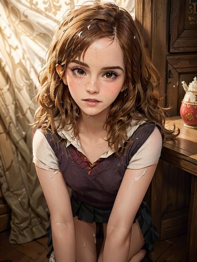 3mm4w, a beautiful Emma Watson with wavy brown hair, semi-realistic, teeth, drooling, On knees, hogwarts tavern, Tavern backroom, Short skirt, pleated skirt, sleeveless sweater, griffindor uniform, fantasy setting, photo-realistic, cumfacial, facial, cum, 2k, highly detailed, professional, vivid colors, Cowboy shot,