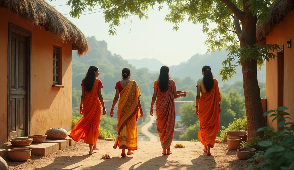 Village Woman**: A traditional Indian woman, dressed in a simple sari, standing at the door of her house, looking thoughtful as she sees the sadhu