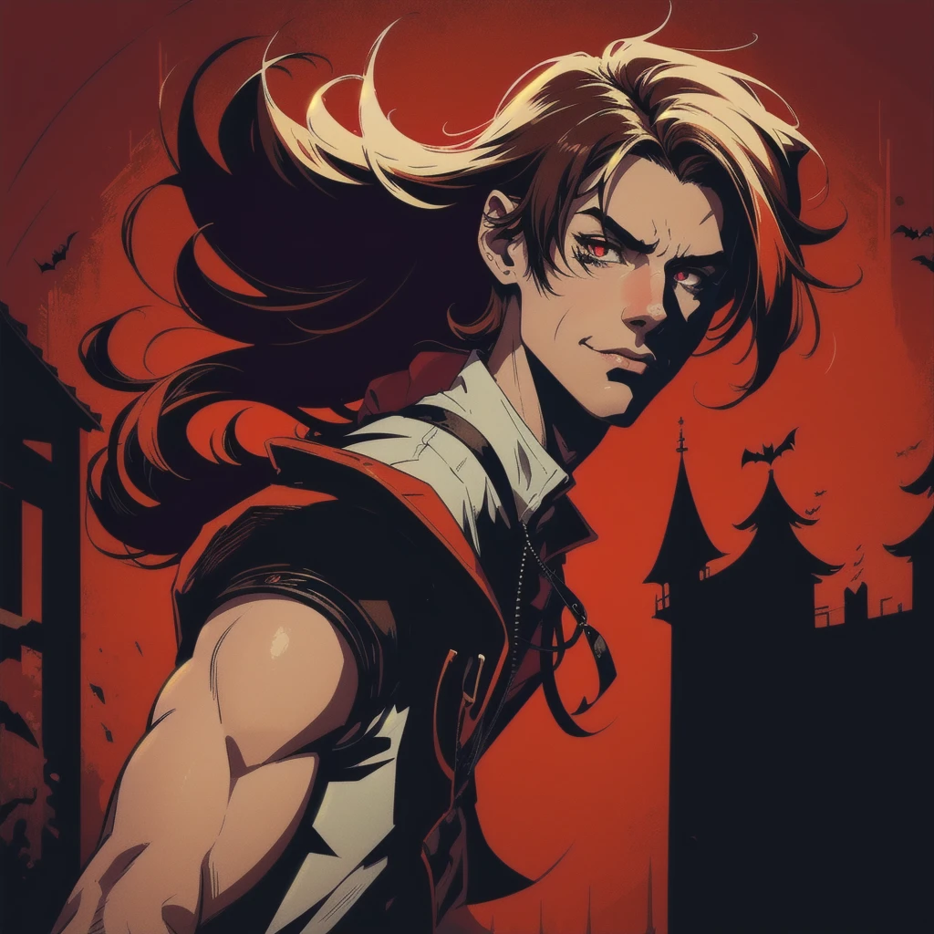 Create an anime-style image of a cute guy set against a vibrant red background. The style should reflect neon noir aesthetics, with sharp contrasts and glowing elements. Incorporate visual noise and scratches to give the image a vintage, distressed look that aligns with a Halloween theme. The character should exude charm and playfulness, blending cute features with a hint of spooky allure.