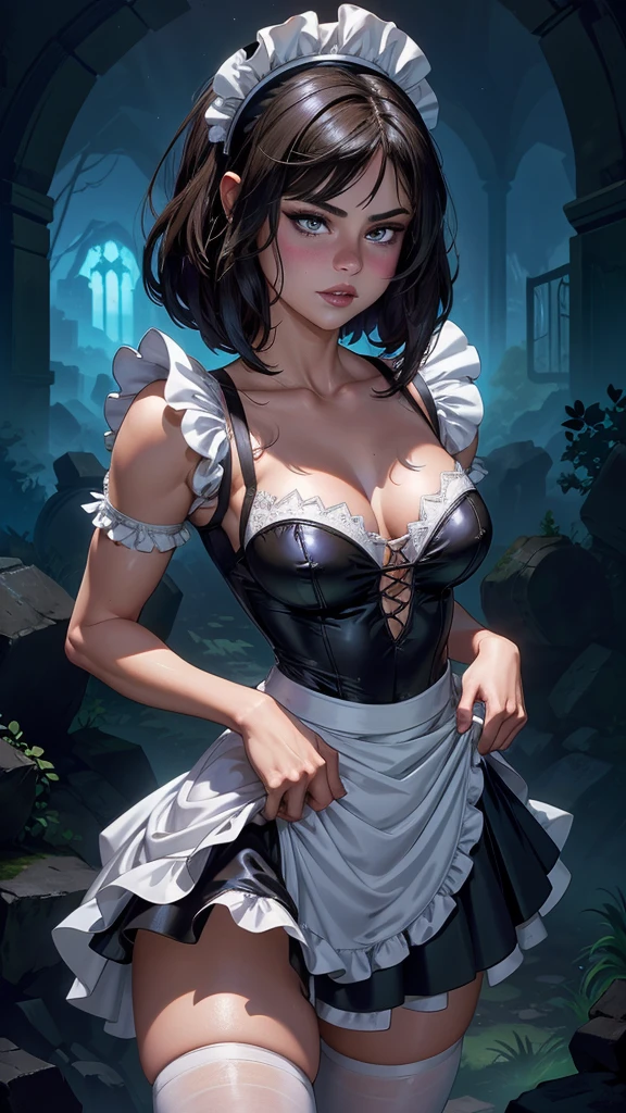 (La mejor calidad,A high resolution,Ultra - detallado,actual),Selena Gomez in a maid outfit posing for a picture, gorgeous maid, maid outfit, maid dress, cosplay of a catboy! maid! dress, anime girl in a maid costume, wearing maid uniform, (maid costume transparent :1.4) , maid, anime girl in a maid costume transparent , french maid, a sexy maid in a magical forest, a maid in a magical forest, ,(Fondo de ruinas de mazmorra en ruinas cyberpunk :1.4 ), (perfect anatomy :1.4), (Selena Gomez :1.4), (cinematic lighting :1.4), (Selena Gomez V2.1), (perfect anatomy V2.1), (dynamic cowboy pose), (skirt lifted by itself: 1.1), (skirt lift: 1.3), (showing white panties: 1.3), (face detailed Selena Gomez:1.4) 