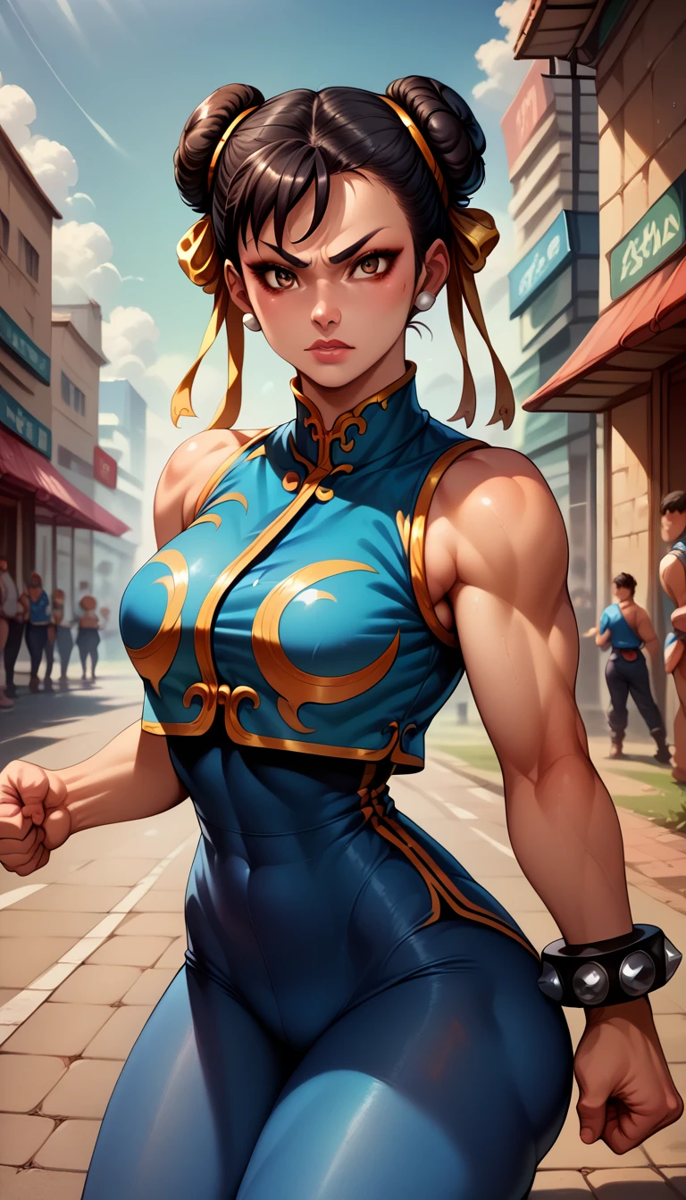 , Chun-Li (\{{street}} fighter)\, Black hair, brown eyes, to the Makeacs, eyelashes, short hair, breasts, looking at the viewer, fist in hand, lips, alpha_Costume, body azul, blue tights, Blue Vest, sleeveless, tiro de cowboy, landscape, big ass, of coasts 