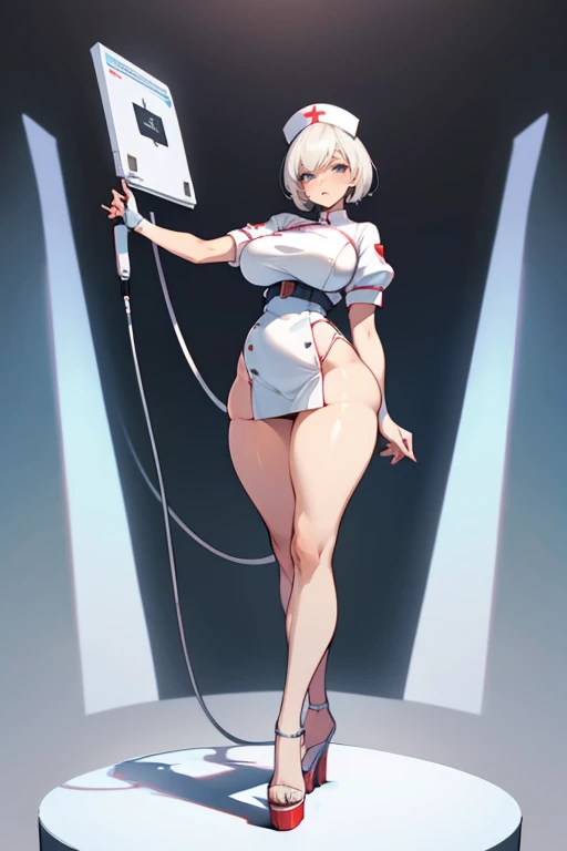 (big breasts, huge breasts, gigantic breasts), SFW, (short ((white hair))), (nurse white clothes), curvy, firm breasts, sexy pose, big legs, exposed legs, thick thighs, sexy thighs, thin waist, small waist, perfect figure, full body, platform high heels