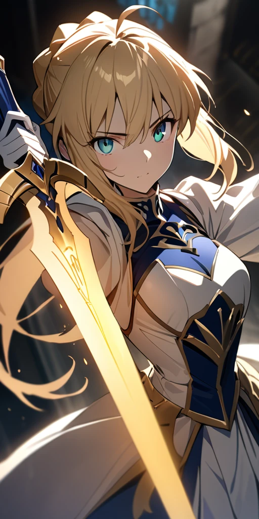 (masterpiece:1.2), (highest quality:1.2), Perfect Eyes, Perfect Face, Perfect lighting,1girl，to know, holding sword artoria pendragon \(fate\), fate \(series\) perspective beautiful, aesthetic, detailed, beautiful color amazing quality, best quality, high quality,Arena