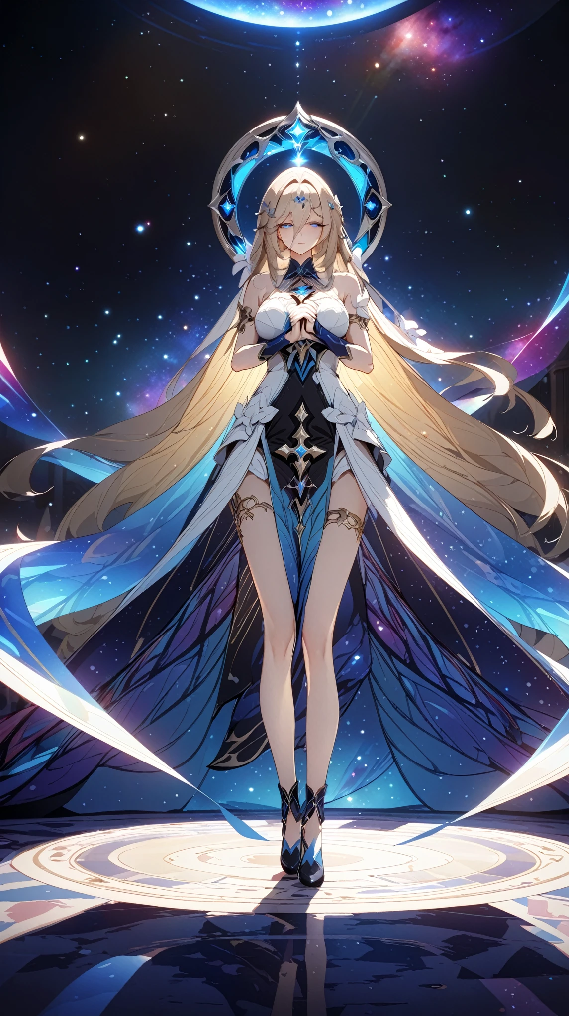 (Galaxy Goddess, Astrologer woman, Stargazer), Beautiful detailed eyes, tired, Highly detailed eyes and face, Long eyelashes, Elegant robes, Dramatic lighting, Glowing galaxies, Mysterious atmosphere, Vast Universe, ((Fortune-telling dance, Random Action)), Face Close Up, Intricate details, A calming color palette, Cinematic composition, Fantasy art, Digital Art, Anime Style, Detailed digital illustration, (Highest quality, 4K, 8K, High Contrast, masterpiece, Best aesthetics),aponia_/(honkai_impact/)