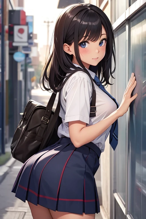 (High quality, High resolution, Fine details), main street, BREAK White Tops, BREAK (Plaid Long Skirt:1.2), solo, curvy women, BREAK black hair, Adult hairstyle, sparkling eyes, (Detailed eyes:1.2), Natural Makeup, smile, blush, Sweat, Oily skin, Soft tones, shallow depth of field