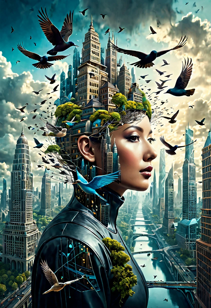 Surreal artwork featuring a futuristic cityscape integrated into human heads, blending seamlessly with elements of nature. The composition includes birds flying and detailed, imaginative architecture. The rich, dark tones combined with contrasting bright highlights create a mysterious and fantastical atmosphere. The piece captures a sense of wonder and explores the intersection between humanity, architecture, and the natural world.