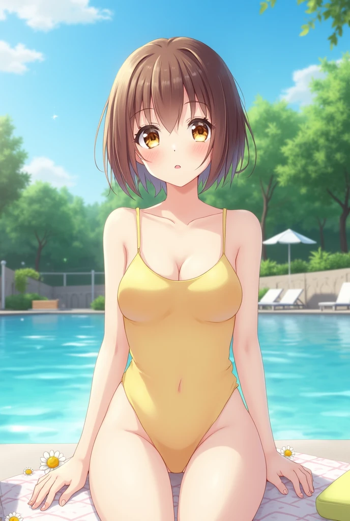 (((pixel-perfect, detail-perfect))), solo, 1girl, kagami kusakabe, , looking at viewer, smile, big_breast, full_body, yellow_bikini