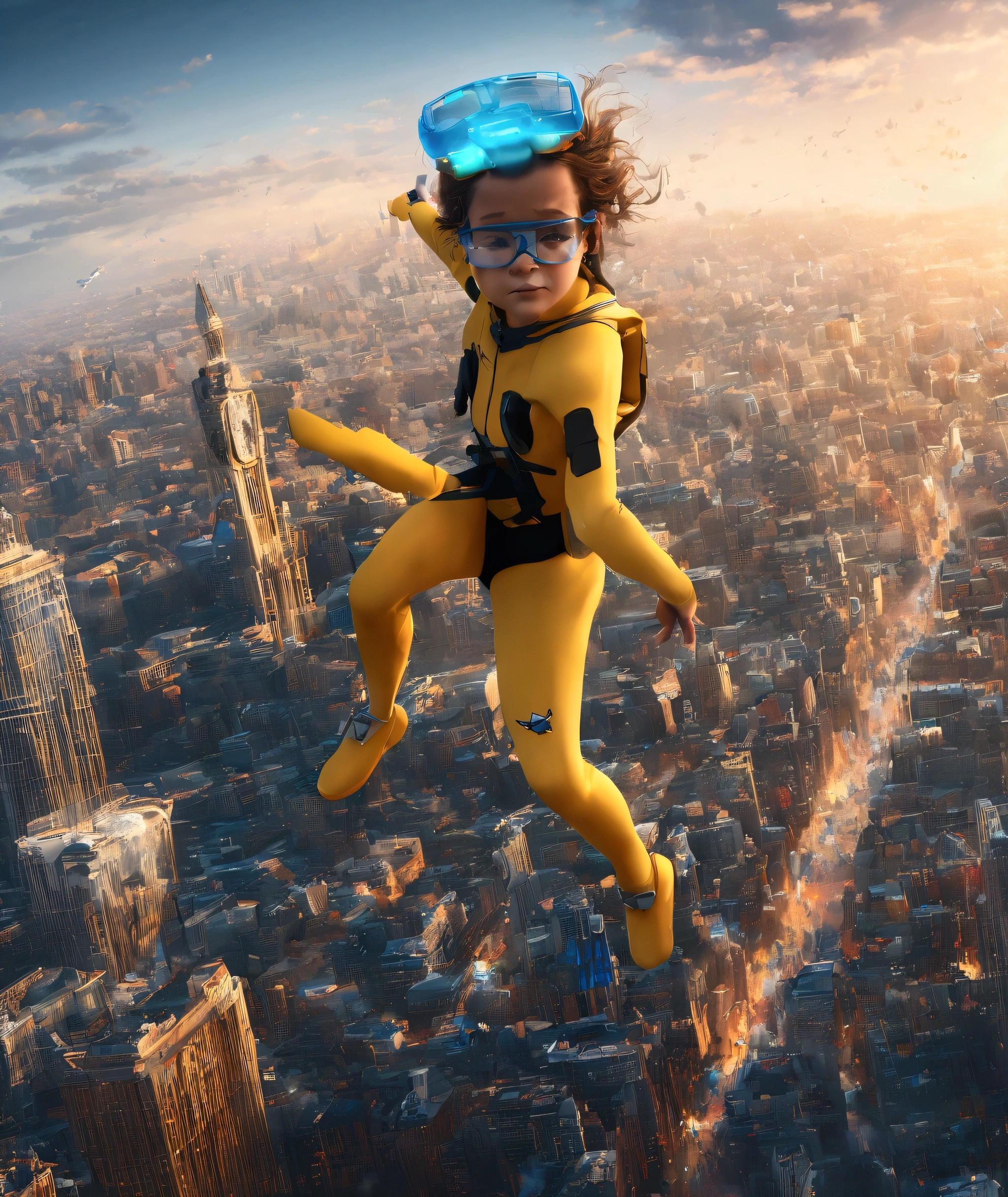 Invincible2023, Photorealistic, 8K, Ultra high definition, The best quality, masterpiece, The best quality, 1 , 5 fingers, cinematic lighting, raw image, Trends in arstation, vibrant colors, goggles, depth of field, cinematic lighting. raw image, Trends in arstation, vibrant colors, goggles, full body, floating over the city, blurred backgroundhero, depth of field, flight, in full flight,