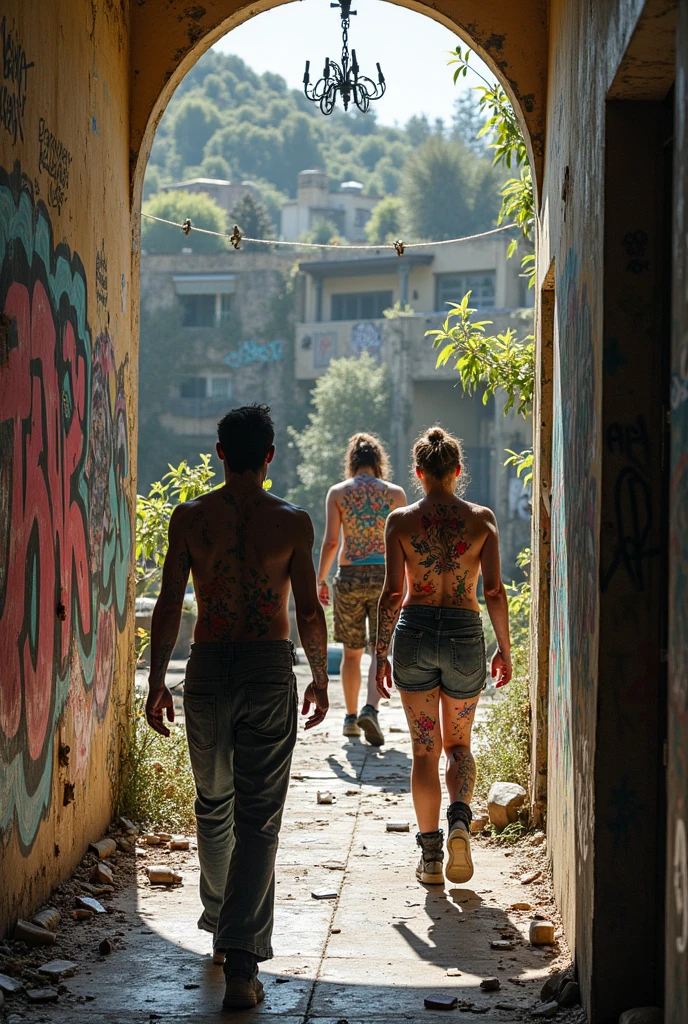 Public bathroom with white walls and graffiti, Brazilian architecture, old, with a sign written in capital letters “NHAMBU 32-M”, with men in shorts and flip-flops and towels coming in and out.