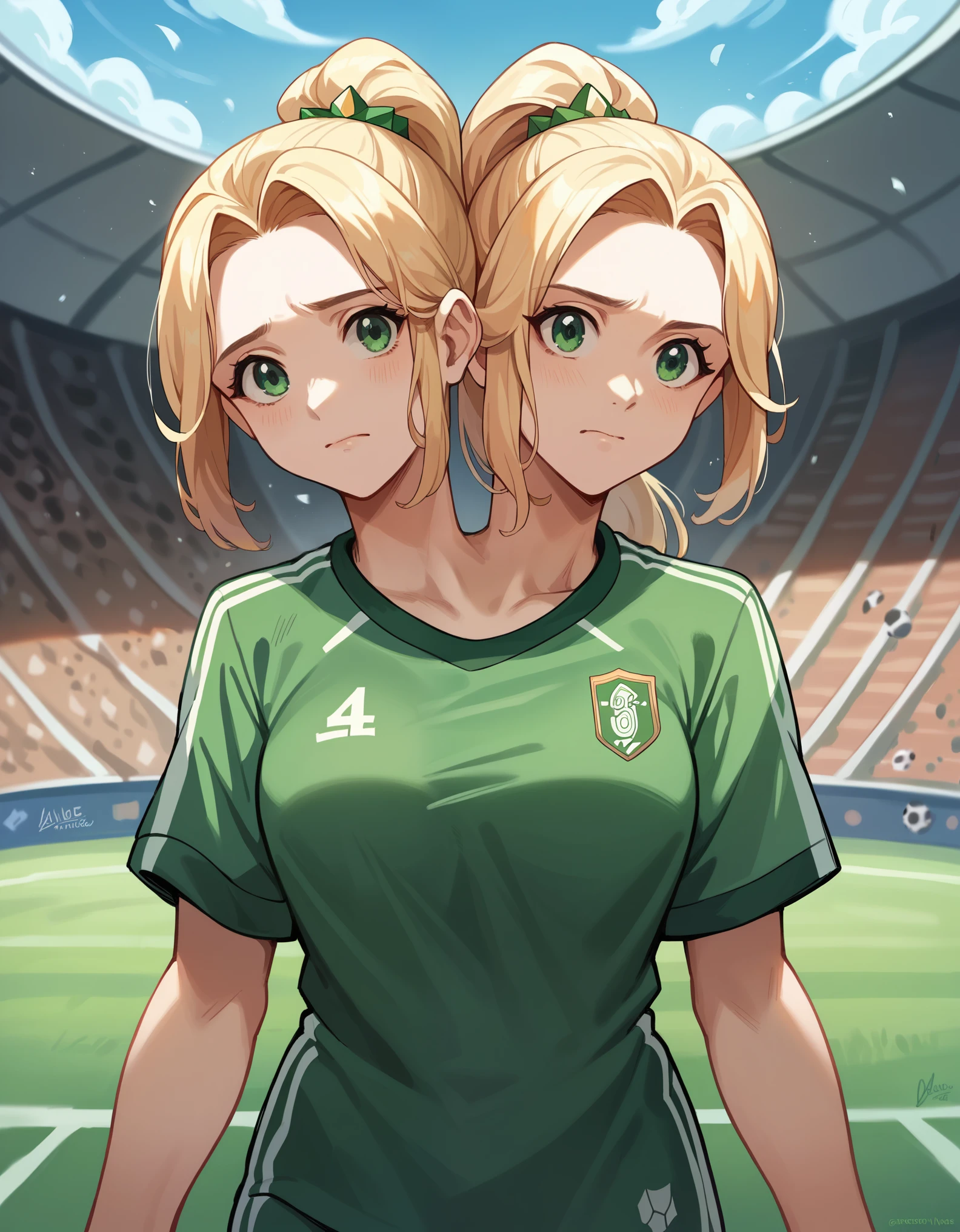 (masterpiece, best quality), best resolution, two heads, 1girl, blond hair, ponytail, green eyes, focused, soccer uniform, playing soccer, soccer field, day