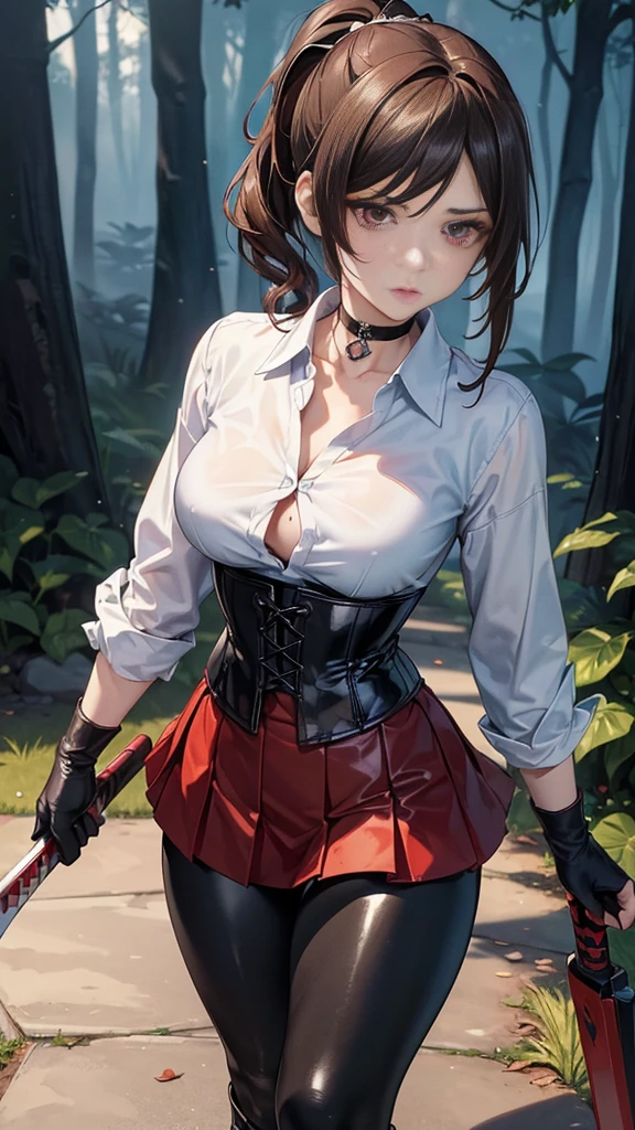 ((blood droplets)), ((blood)), ((blood splatter)), ((blood on clothes)), ((blood stain)), Masterpiece, Beautiful art, professional artist, 8k, Very detailed face, Detailed clothing, detailed fabric, 1 girl, Chiori \(genshin impact\), standing, perfectly drawn body, big breasts, shy expression, pale skin, beautiful face, long black hair, 4k eyes, very detailed eyes, pink cheeks, choker:1.6, (white collar button down long sleeve shirt), black gloves, gloves that cover hands, (holds an ax with his right hand), (black leather corset), (shiny black leggings), Sensual Lips , evening de invierno, show details in the eyes, looking at the viewer, Dark road, dark forest, evening, Atmosphere, fog