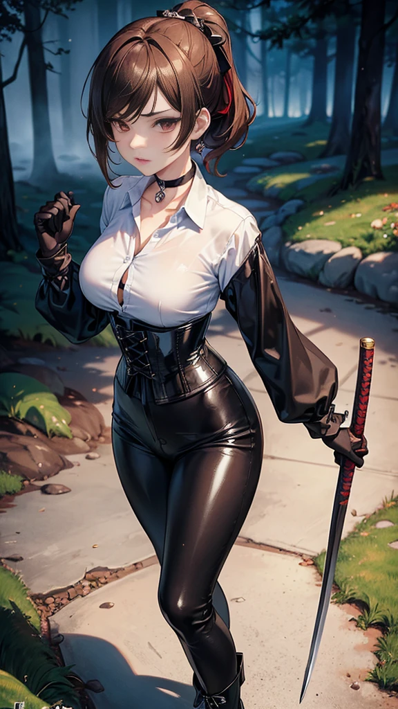 masterpiece, Superior image quality, High resolution, 4k image,Photo and gross, photorealistic, 1 young redhead girl of 20 years old, standing, {Alone},{{{vagina}}}, huge breasts, beautiful face, dark red hair short ponytail, green eyes, very detailed eyes, expression of pride, draw smile showing superiority, choker:1.6, (white collar button down shirt white long sleeve), black gloves, gloves covering the hands, (wielding a halberd in his right hand), (black leather corset), (shiny black leggings), (black leather boots), sensual lips , show details in the eyes, view from front, Dark forest, at night, atmosphere, fog