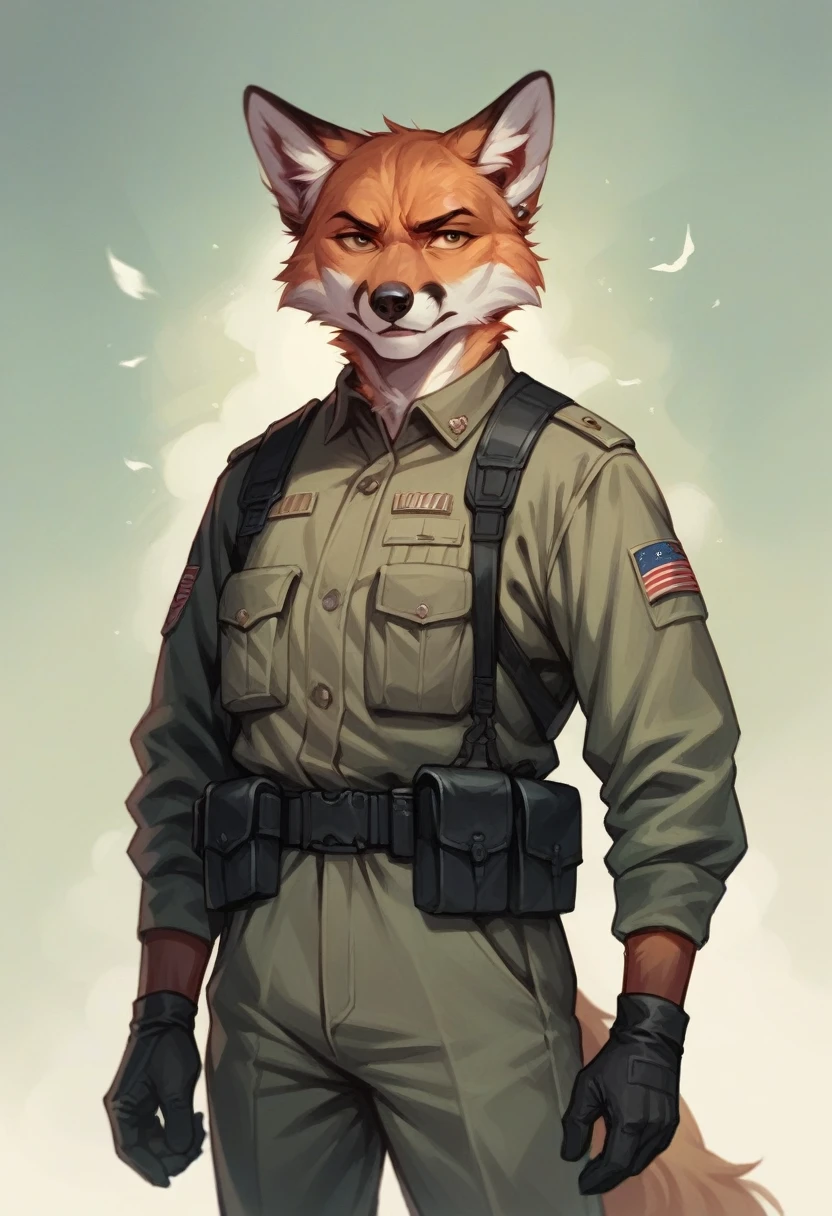 ((Лучшее качество)), ((шедевр)), (подробный), Furry, male, wolf, grey colour, looking at viewer, yiff, leather BDSM coveralls, leather collar, grey eyes, horny look, leather collar, green military leather uniform and army boots,