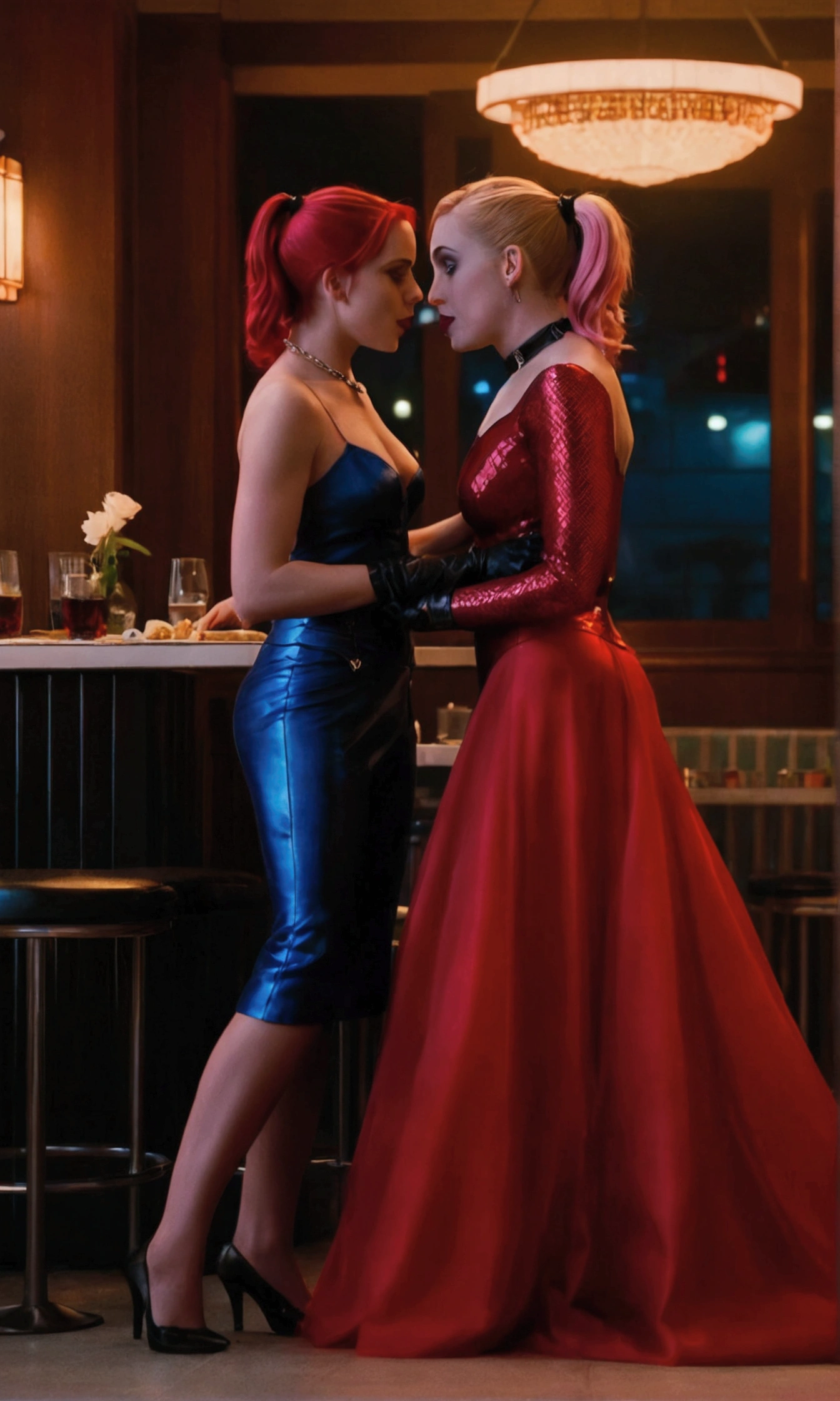 Marvel's Black Widow and DC's Harley Quinn are on a romantic date, both are dressed in fine evening gown, they are in a fine diner kissing and caressing, heavy flirtation with each other, lesbian romance
