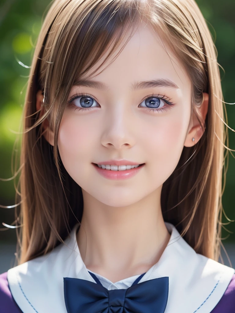 Very beautiful young girl,A big, bright smile, Extremely beautiful,Charming,perfection, White and beautiful skin, Sparkling platinum blonde hair, Striking large pale blue eyes, Small Face, Round cheeks, Detailed eyes,Detailed face,Shining Highlights, Calm,Nogizaka46 uniform,(Best Quality,4K,8k,High resolution,masterpiece:1.2),Very detailed,(Realistic,Realistic:1.37),High resolution,超High resolution,Sharp focus,Physically Based Rendering,Vibrant colors,Bokeh,Digital Painting,Chiaroscuro,Portraiture