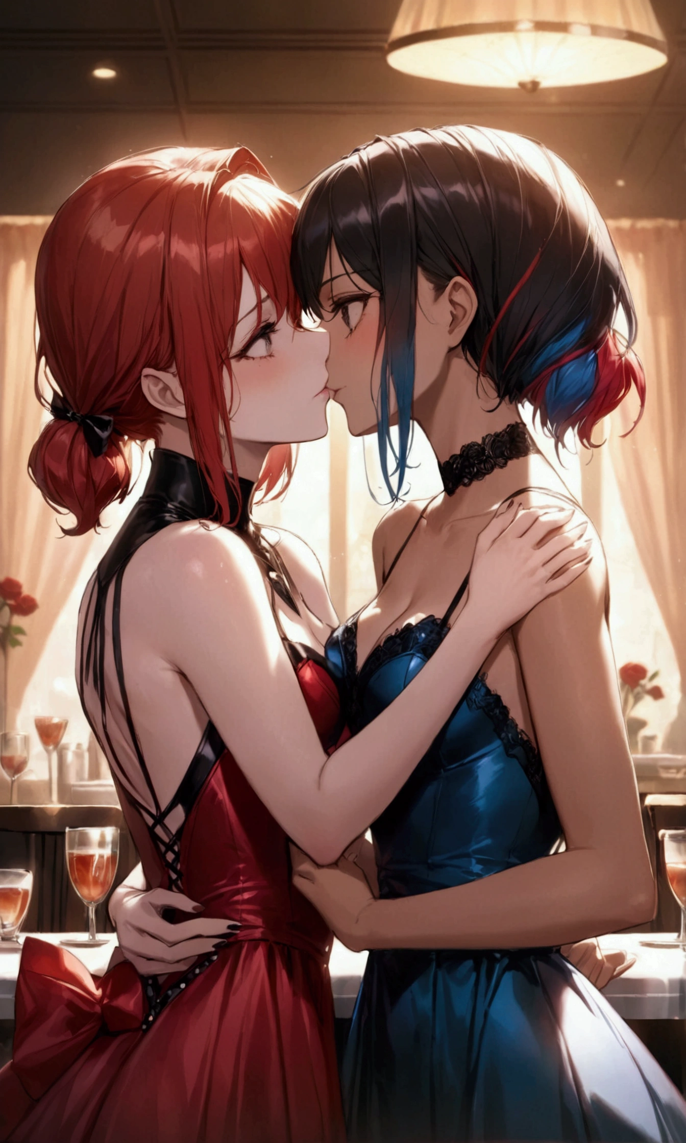 (Best quality, 8K, Masterpiece:1.3, 2 girls, Beautiful girl), cute, Dynamism, Detailed face, Detailed skin, detailed clothes, Detailed eyes, Detailed lips, Detailed tongue, Detailed fingers, Detailed mouth, Photorealistic, Raw photo, highres, hight resolution, Natural lighting, dynamic pose, perfect anatomy, toned legs, double eyelids, tear bags, round eyes, moist lips, sweaty, ecstatic face, (playboy bunny, fishnet pantyhose, casino), half closed eyes, blush, open mouth, tongue out, tongue kiss, ahegao, drooling:1.4, split-color hair, (lesbian, lesbian kiss, yuri, 2 girls are kissing), erotic kiss, sexy kiss, forehead, bangs, grabbing crotch, lesbian sex, spreading legs, spot lighting, crowded casino, masturbation, camel toe, nsfw, wet body, blonde hair, red hair, cum, facial