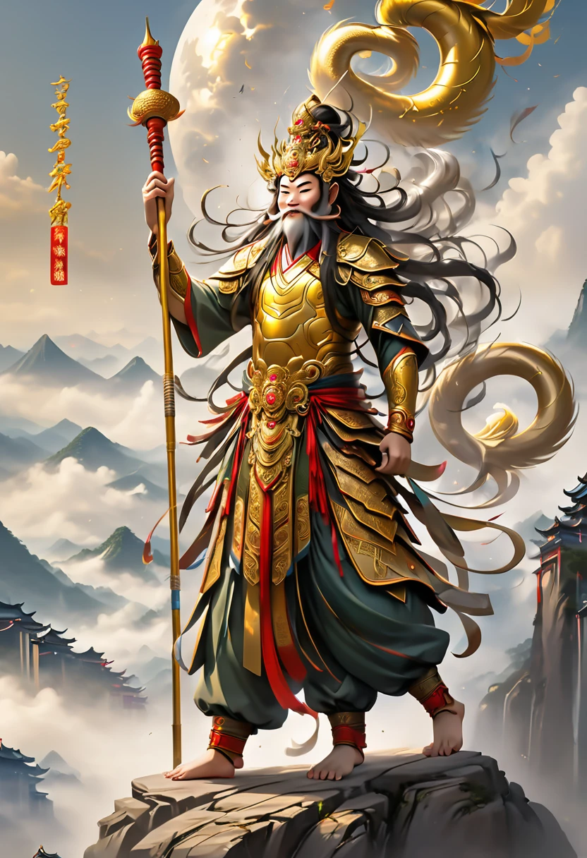 supreme god of Chinese mythology,a human god with hair on part of his chest and monkey hair,legendary epic,full body,golden details on the armor,on a huge and narrow mountain,holding a legendary Chinese staff ,standing on one leg only ,holding a Buddhist gesati with the other hand