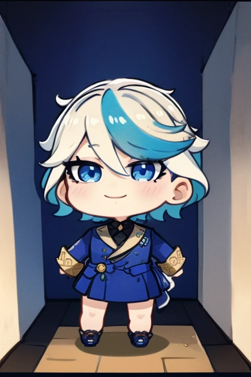 blue eyes, blue hair, white hair, streaked hair, smiling, happy face, happy, chibi, nozochibi, standing, detailed background, beautiful background, castle corridor background