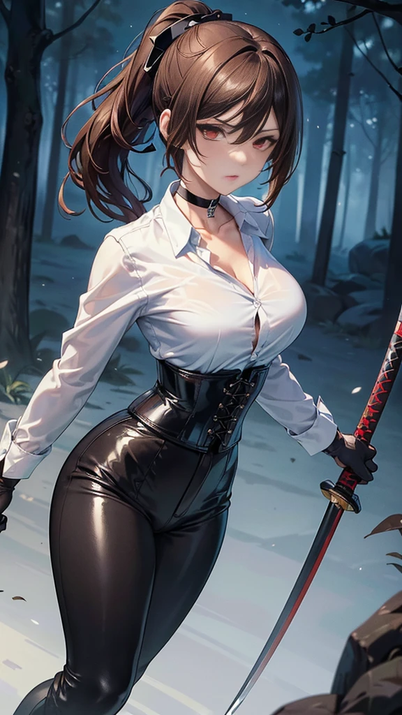 1 Women, Women, fighting pose, High school girl swordsman, holds a katana in his right hand, long black hair, beautiful eyes, detailed eyes, choker:1.6, captivating look, wearing a white long-sleeved button-down shirt, belt、leather Brown corset chain, golden decoration、leather 濃いBrown, big breasts, shiny black tight leggings, Snowy forest, snow night, Dark, Moonlight, absurd, high resolution, ultra-sharp, 8k, Masterpiece, front view, looking at the viewer