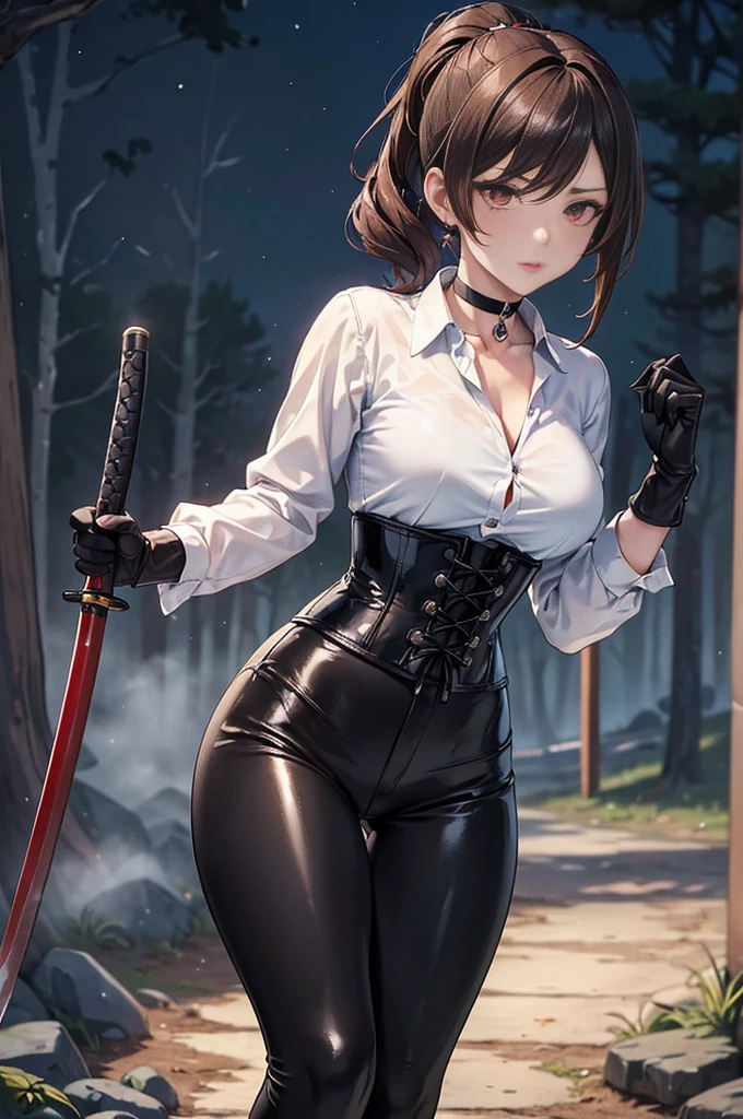 Risky short black skirt, leather suspenders, Beautiful cute innocent round face, Brown hair, Brown eyes, glasses with lenses, belt-sling with a Japanese sword in a scabbard, Tight, tight clothing, rounded split hips, interior, Dark hard look, Moderate breasts with erect nipples, scrunchy, Ponytail, I don&#39;t wear panties because it&#39;s uncomfortable , I don&#39;t wear a bra because I don&#39;t want to