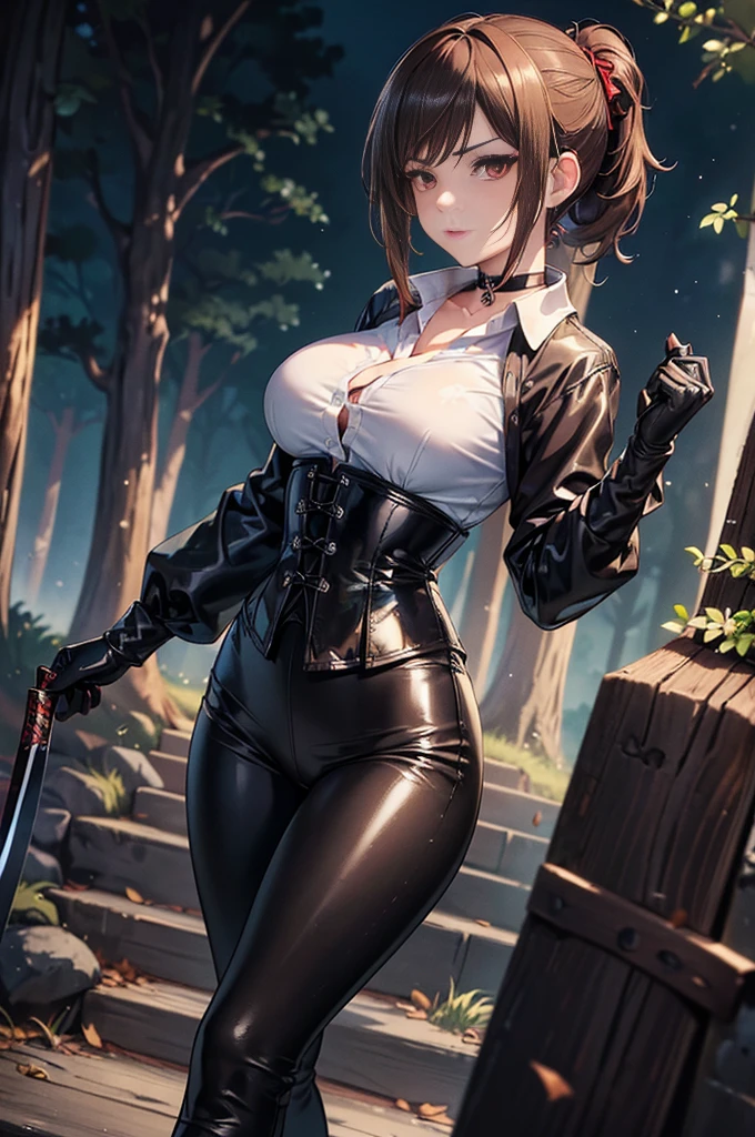  Masterpiece, Beautiful art, professional artist, 8k, Very detailed face, Detailed clothing, detailed fabric, 1 girl, Chiori \(genshin impact\), view from behind, perfect ass, standing, perfectly drawn body, big breasts, shy expression, pale skin, beautiful face, long black hair, 4k eyes, very detailed eyes, pink cheeks, choker:1.6, (white collar button down long sleeve shirt), black gloves, gloves that cover hands, (holds an ax with his right hand), (black leather corset), (shiny black tight mini skirt), Sensual Lips , evening de invierno, show details in the eyes, looking at the viewer, Dark road, dark forest, evening, Atmosphere, fog