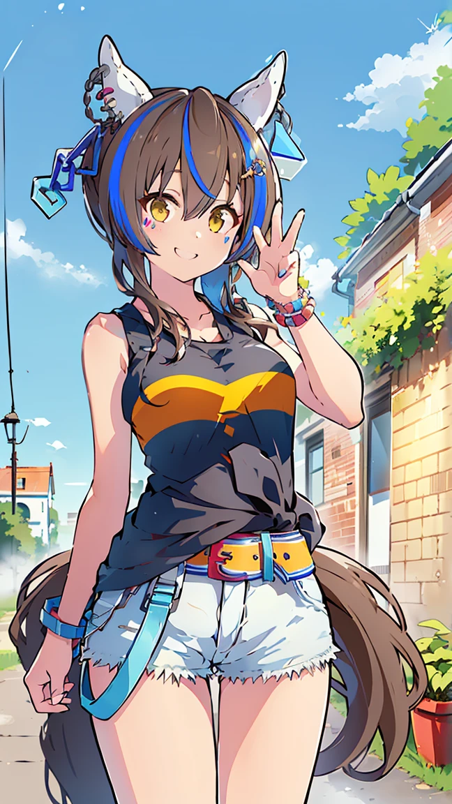 masterpiece, Best Quality, High resolution, Very detailed,(((Daitaku Helios))), (((Horse Girl))), (((Standing at a distance))), (((Streetscape))), (((Brick wall))), (((nature))), (((Tank tops))), (((Shorts))), (((Plants))), (((blue sky))), (((smile)))