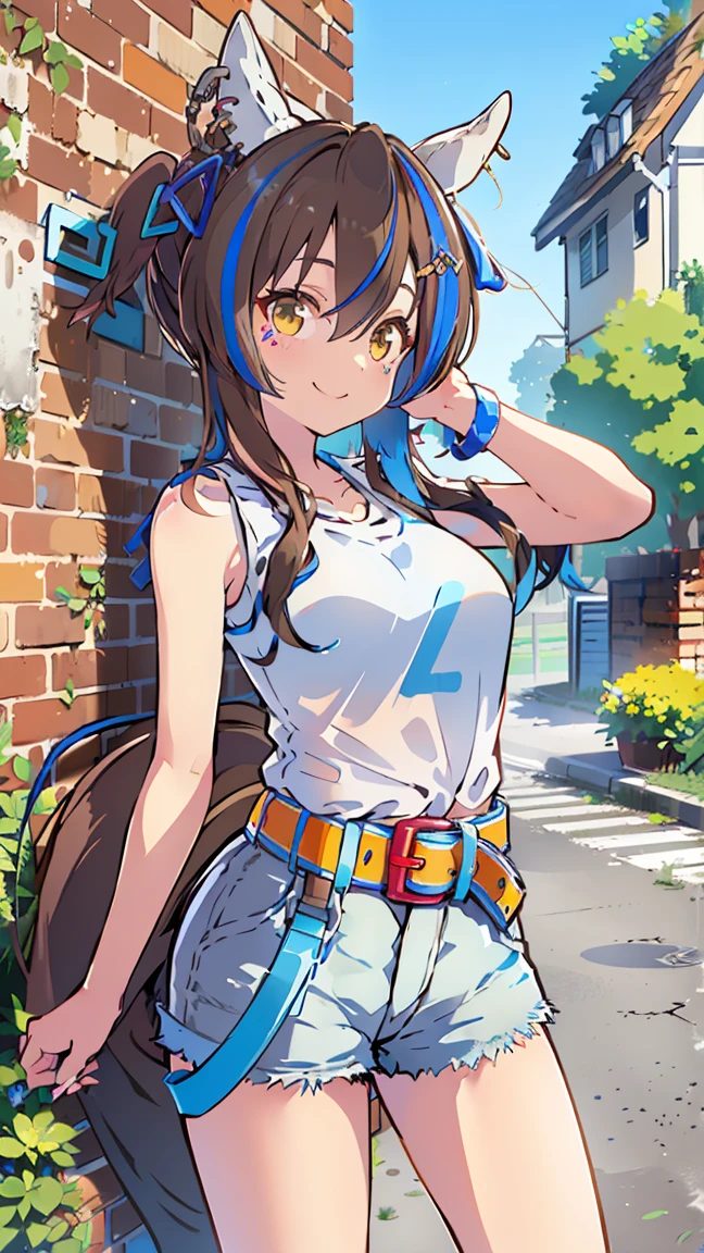 masterpiece, Best Quality, High resolution, Very detailed,(((Daitaku Helios))), (((Horse Girl))), (((Standing at a distance))), (((Streetscape))), (((Brick wall))), (((nature))), (((Tank tops))), (((Shorts))), (((Plants))), (((blue sky))), (((smile)))