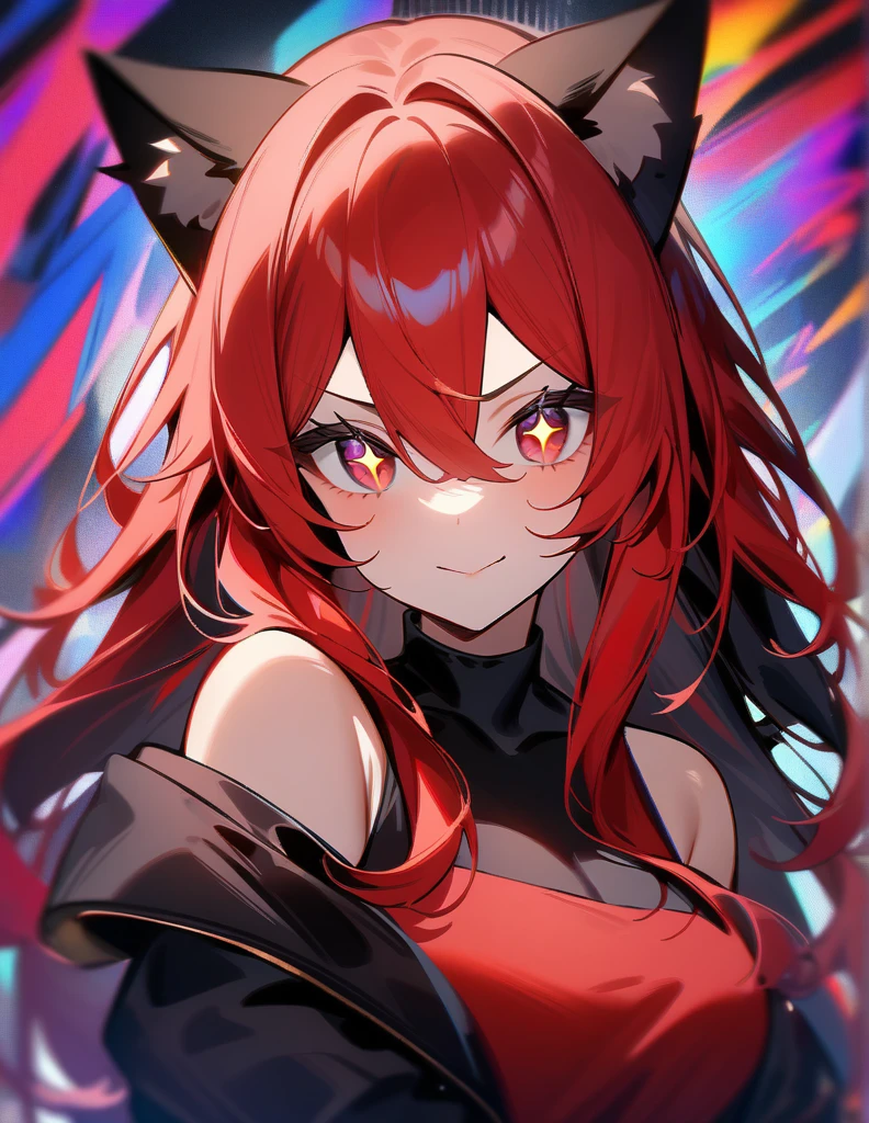 Girl with red hair, white eyes, cat ears, beautiful black and red dress 