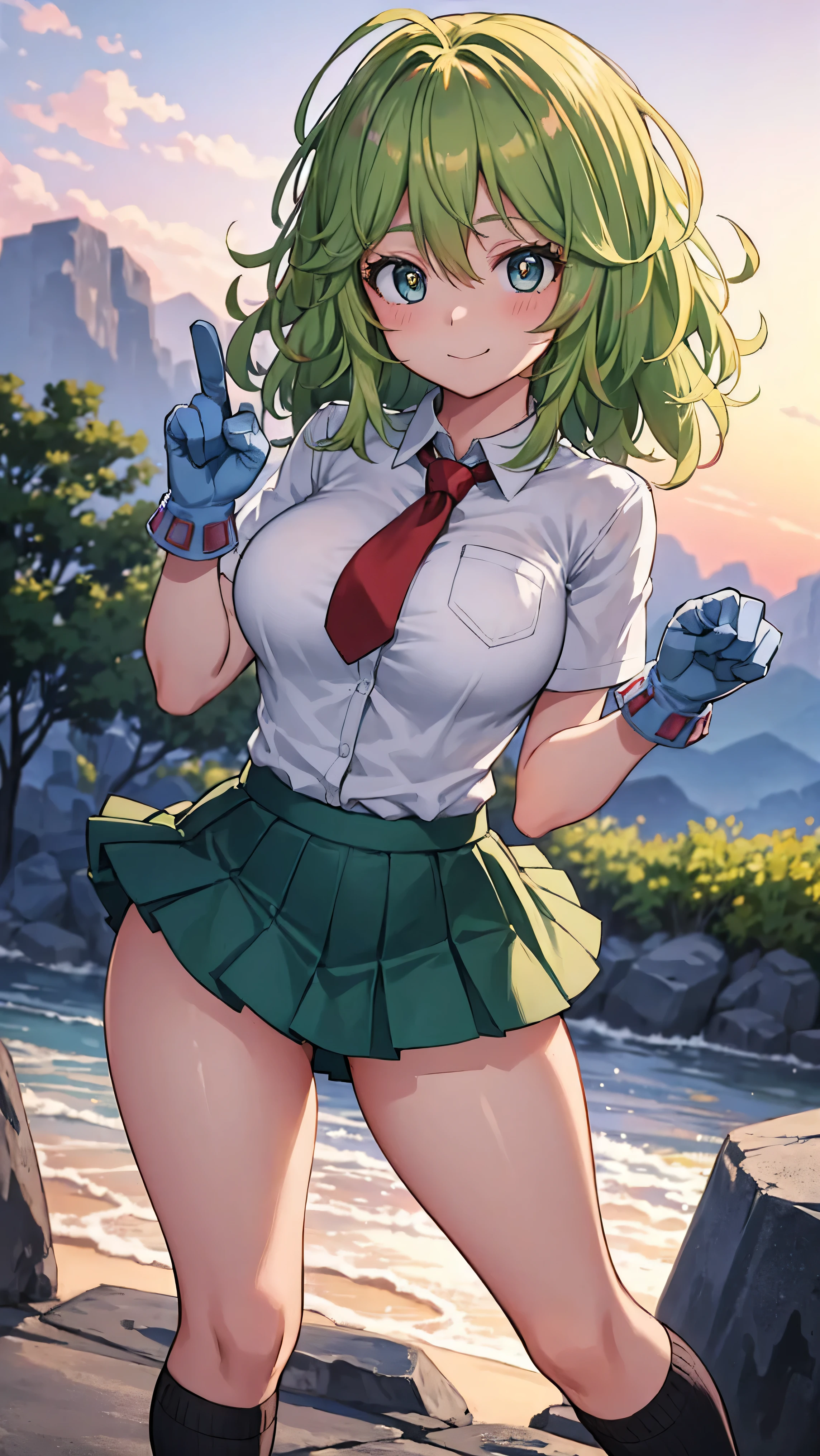 (1girl)), ((alone)), Tooru Hagakure, (masterpiece), (best quality), (ultra detailed), (best illustration), (best shadow), sharp focus, dynamic stance, looking at viewer, big breasts, narrow waist, wide hips, medium thighs, round butt, green hair, blush, green eyes, messy hair, medium hair, bangs, hair between the eyes, multicolored hair, collared shirt, white shirt, red tie, tight shirt, neckline, short sleeves, gloves, blue gloves, green skirt:1.3, short skirt, tight skirt, (socks: 1.2), (black socks: 1.1), loafers, seductive smile, closed mouth, (sexy pose: 1.2), standing: 1.3, in the mountains, battle pose, dramatic action, intense expression, sunset lighting, (focus on dynamic movement), (perfect anatomy, perfect hands), wind blowing hair and clothes, determined look, nature background with trees and rocky terrain.