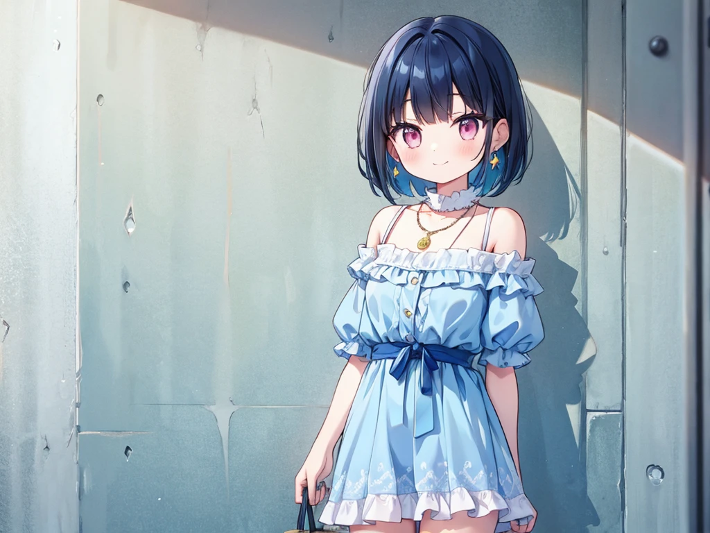 (perfection:1.1), (flawless:1.1), (best quality:1.2), (highest quality:1.2), urban street, 1girl, solo, (:1.1), (child:1.1), (cute dress:1.1), sexy smirk, (blushing:1.1), colorful hair, short hair, small breasts, athletic body, highest quality eyes, highly detailed, 4k, best resolution, high quality shadows, beautiful quality light, best quality upscale, most beautiful upscale