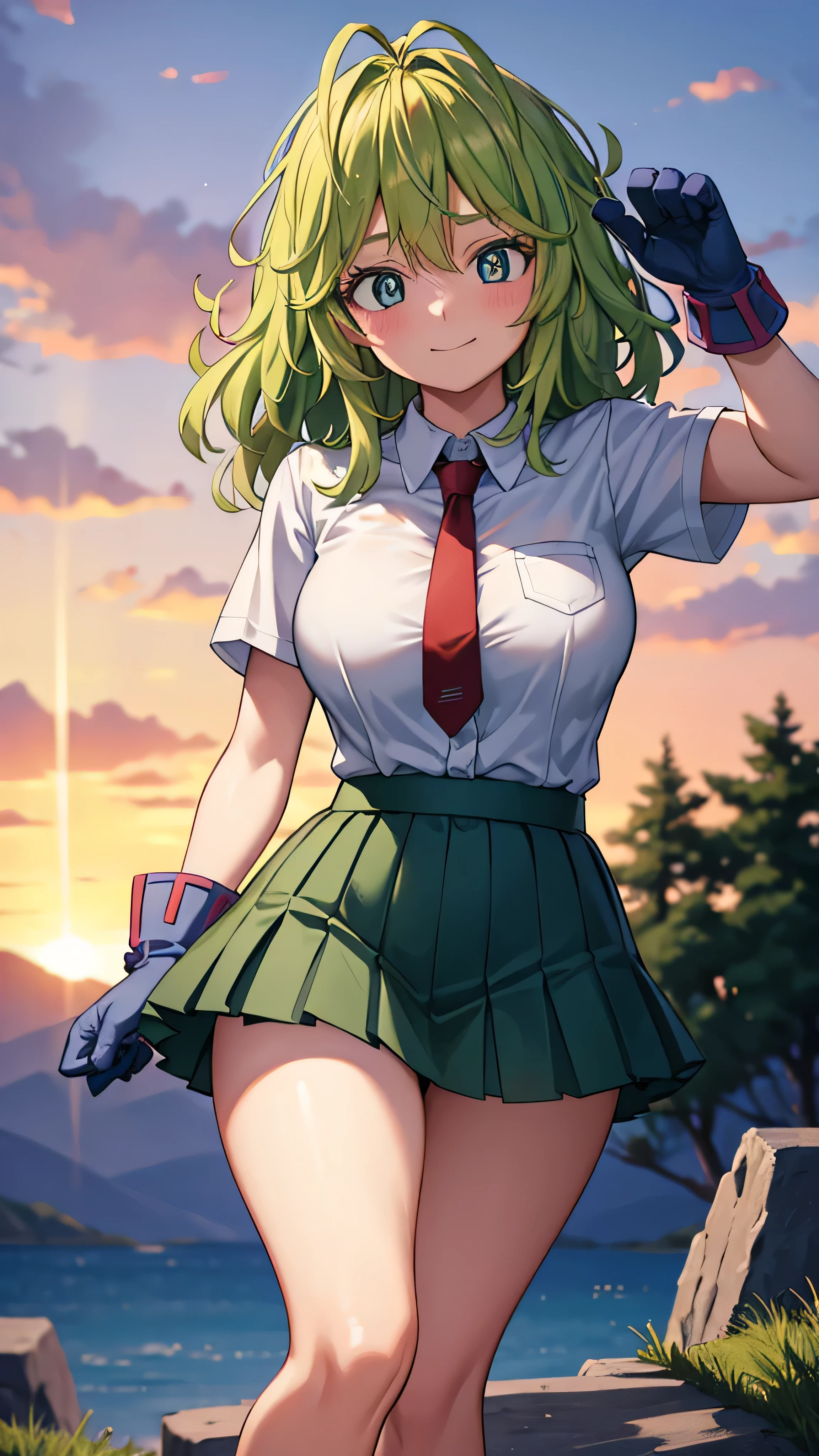 (1girl)), ((alone)), Tooru Hagakure, (masterpiece), (best quality), (ultra detailed), (best illustration), (best shadow), sharp focus, dynamic stance, looking at viewer, big breasts, narrow waist, wide hips, medium thighs, round butt, green hair, blush, green eyes, messy hair, medium hair, bangs, hair between the eyes, multicolored hair, collared shirt, white shirt, red tie, tight shirt, neckline, short sleeves, gloves, blue gloves, green skirt:1.3, short skirt, tight skirt, (socks: 1.2), (black socks: 1.1), loafers, seductive smile, closed mouth, (sexy pose: 1.2), standing: 1.3, in the mountains, battle pose, dramatic action, intense expression, sunset lighting, (focus on dynamic movement), (perfect anatomy, perfect hands), wind blowing hair and clothes, determined look, nature background with trees and rocky terrain.