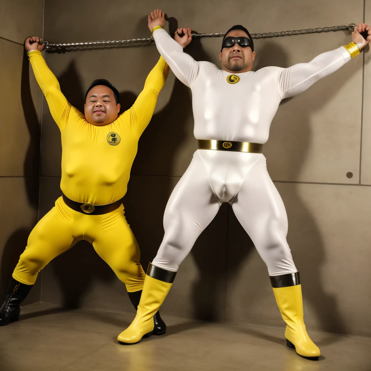 Thick Japan middle-aged man in his 30s, 1man, dwarfism, bushy Japanese, short legs, crew cut, thin hair, wide forehead, He is SENTAI HERO in Yellow color spandex tights is chained and tormented by Villains, Long White Boots and glove, He is crying as he is restrained, Long White Boots and glove, His wrists and ankle are chained with thick metal shackles, Arms up, Both arms are handcuffed, forced spread arms, arms above his head, stretched out his arms to up, He is incontinent and wets his lower body and the ground, casting a gentle shadow on the raw concrete wall, perfect anatomy, perfect fingers, low angle, upper body, a picture, high detail photo, 8K, masterpiece