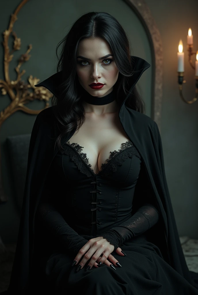 a beautiful pale woman with deep black hair, blood red lips, and sharp fangs, wearing a slinky black dress with a deeply plunging neckline, emerging from a mysterious fog in a 1950s bedroom, (best quality,4k,8k,highres,masterpiece:1.2),ultra-detailed,(realistic,photorealistic,photo-realistic:1.37),dramatic lighting, moody atmosphere, cinematic, highly detailed, dark fantasy, dark and moody, chiaroscuro lighting, dramatic shadows, hyper realistic, gothic glamour, alluring and seductive
