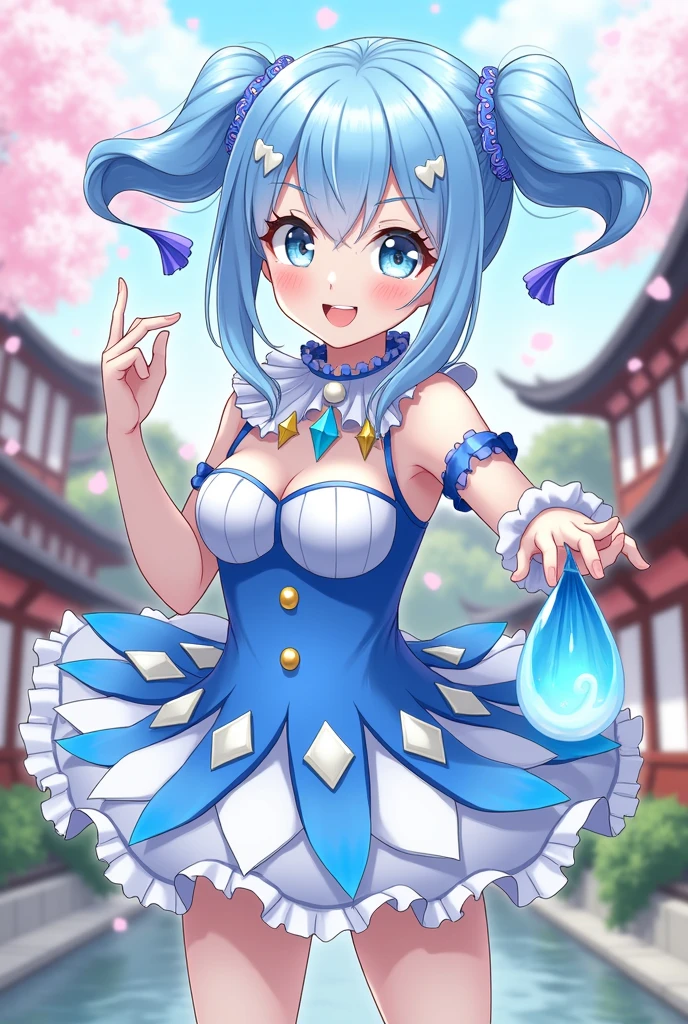 A playful and bubbly clown girl named Suiren, styled in the Genshin Impact art style, from the region of Inazuma. She has a hydro vision, which glows with a soft blue light, hanging from her waist. Suiren wears a vibrant jester-like outfit with flowing fabric in shades of blue, white, and hints of light pink, symbolizing her hydro abilities. Her expression is mischievous yet charming, with a wide smile, bright blue eyes, and a sprinkle of face paint. Her hair is styled in two bouncy pigtails with water-themed accessories, and she holds a water balloon or bubble in one hand, playfully ready to throw it. The background shows a scenic Inazuma setting, with traditional architecture and cherry blossoms gently falling.