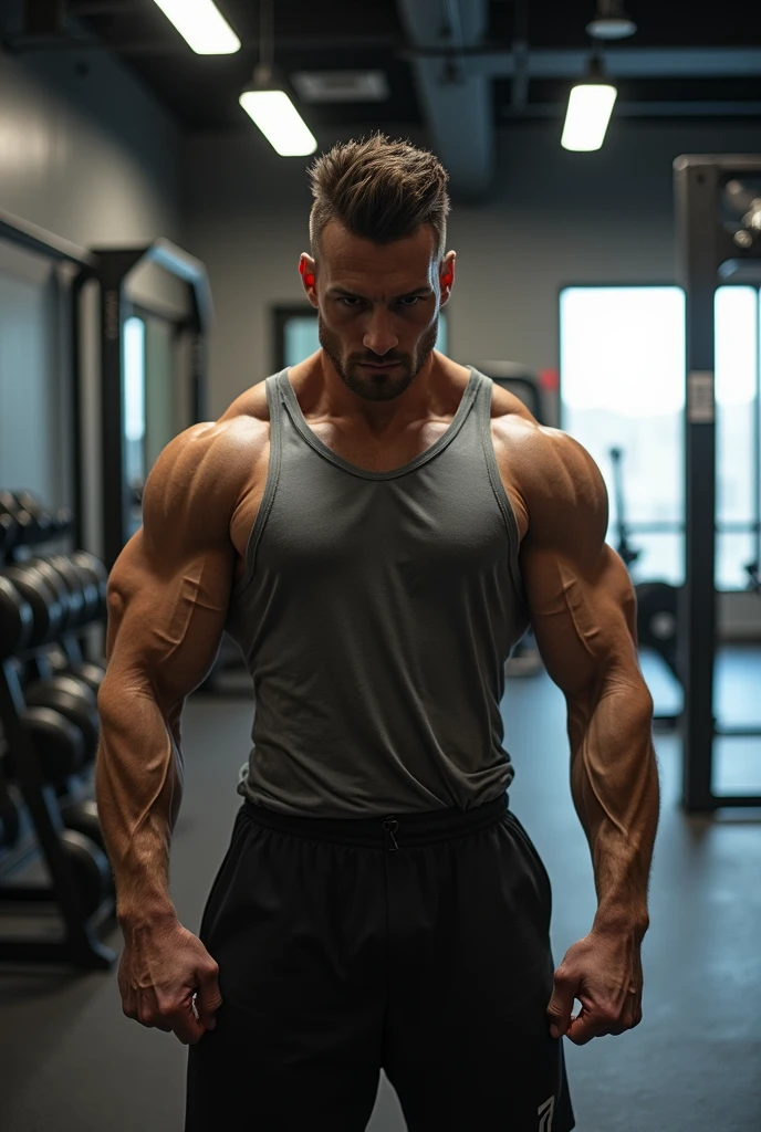 Handsome 40 years old Indian beared GURJAR man in loose gym tank and underwear, huge bulge, head to thigh, from front view, realistic, hd, hdr, detailed pictures, originality, head to thighs