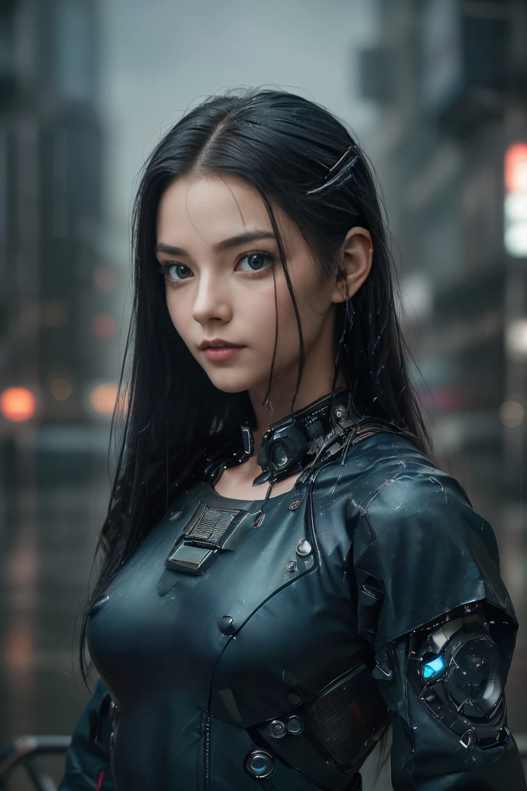 ((masterpiece、Best Quality、Best image quality、High resolution、Real、RAW Photos、Accurate depiction、Subtle details))、((rainy sky、Cyberpunk:1.2))、 (Black Hair、amount、Long Straight Hair:1.2)、((Bright dark blue eyes、Sharp Eye:1.4))、((Android with a human face:1.3))、((full body:1.2))