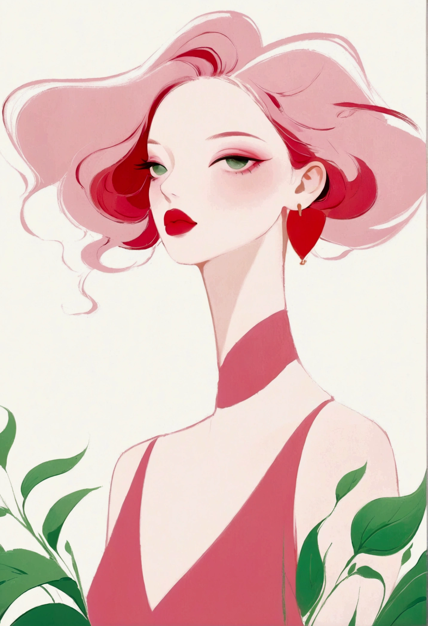 painting of a woman with a pink dress and red lips, rossdraws pastel vibrant, inspired by James Jean, loish |, loish art style, soft anime illustration, 2 d gouache illustration, style of james jean, trending on artstration, rossdraws cartoon vibrant, loish and clamp style, matte gouache illustration, illustration painting, pastel style painting, painting illustration