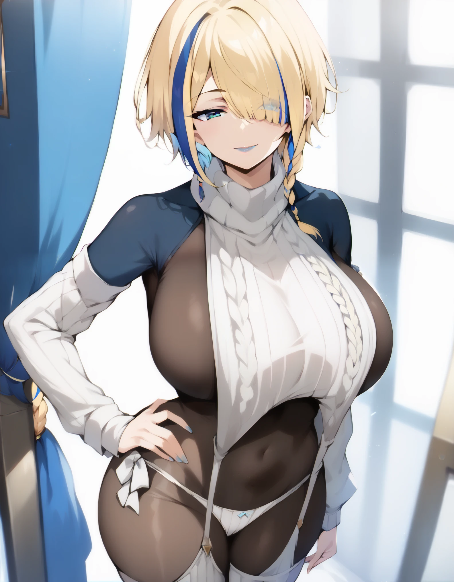 masterpiece, score_9, score_8_up, score_7_up, source_anime, zPDXL3, high quality, extremely detailed, 1girl, milf, solo, ksclaire, (huge breasts), ((((blonde hair, blue hair, streaked hair), long hair, hair over one eye, single braid, blue eyes, half-closed eyes))), (blue lips), (((bodystocking, virgin destroyer sweater, detached sleeves, panties, thighhighs))), ((light smile), closed mouth), ((hand on own hips, finger on lips, bedroom))