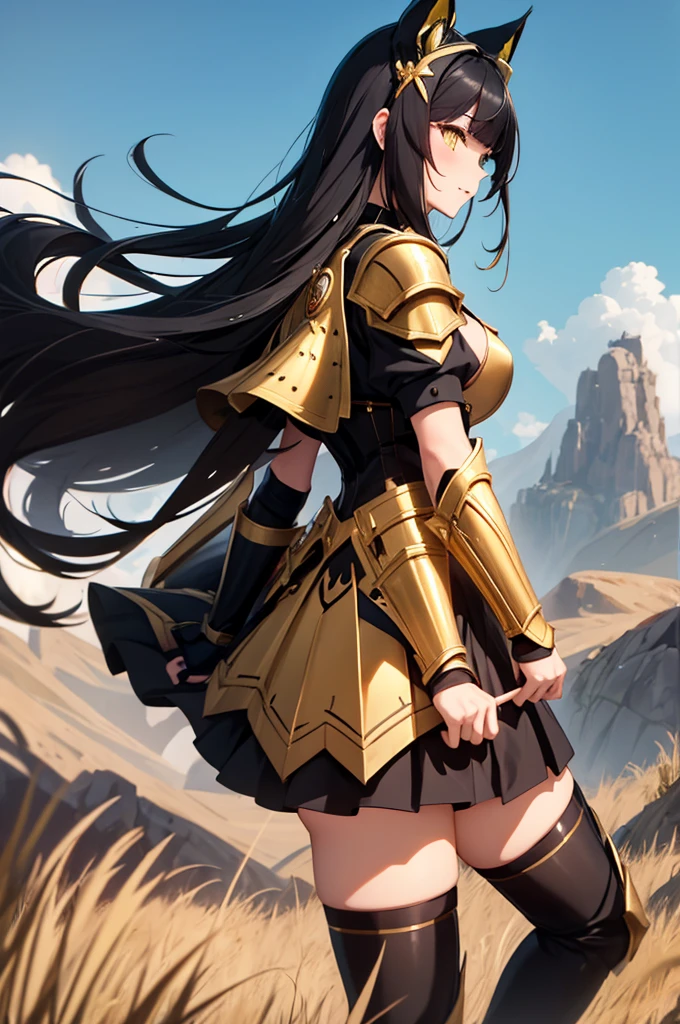 Profile of a Woman, Image from the knees up masterpiece, Best Quality, Black hair blowing in the wind, Cat ears, Golden Eyes, A dignified expression, Black and gold two-tone armor,  Black Skirt, Black thigh-high socks, Gauntlet, Windy grassland, Fantasy, Pose with one hand holding hair, Looking up