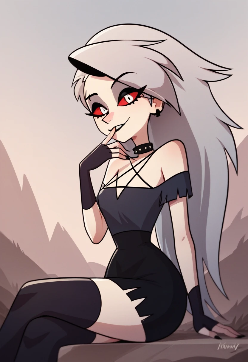 score_9, score_8_up, score_7_up, ultra quality, 1girl, 1girl, solo, red eyes, Human Loona,Loona, Loona \(Helluva Boss\), thigh highs, fingerless gloves, human, white girl, white hair, red eyes, black dress, dress, skin tight dress, earring, piercing, sitting, seductive look, bedroom eyes, hand on chin, infatuated with viewer, cowboy shot, looking at viewer, staring at viewer, outdoors, sunny