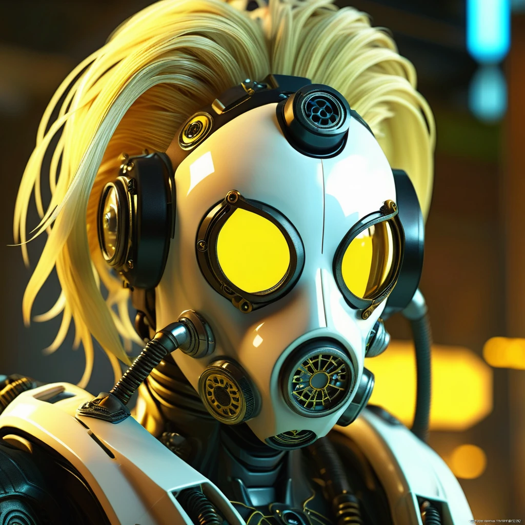 (masterpiece:1.2,high quality), 1girl, ((ultra realistic details)), global illumination, shadows, Unreal Engine, octane render, 8k, ultra sharp, metal, intricate, ornaments detailed, highly intricate details, yellow eyes, (mechanical body:1.2), white hair, (black gas mask), Gear, bob cut, hundreds of wires, Terran, (Robot, android:1.15), Apocalypse, broken buildings