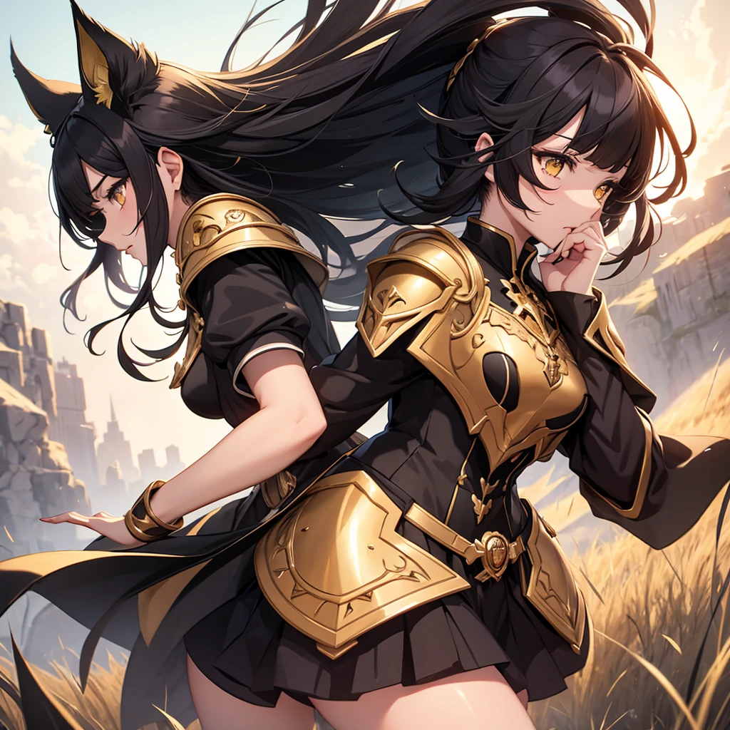 Profile of a Woman, Side view, Image from the knees up masterpiece, Best Quality, Black hair blowing in the wind, Cat ears, Golden Eyes, A dignified expression, Black and gold two-tone armor, The chest size is medium, Black Skirt, Black thigh-high socks, Gauntlet, Windy grassland, Holding her hair in one hand, Looking up at the sky