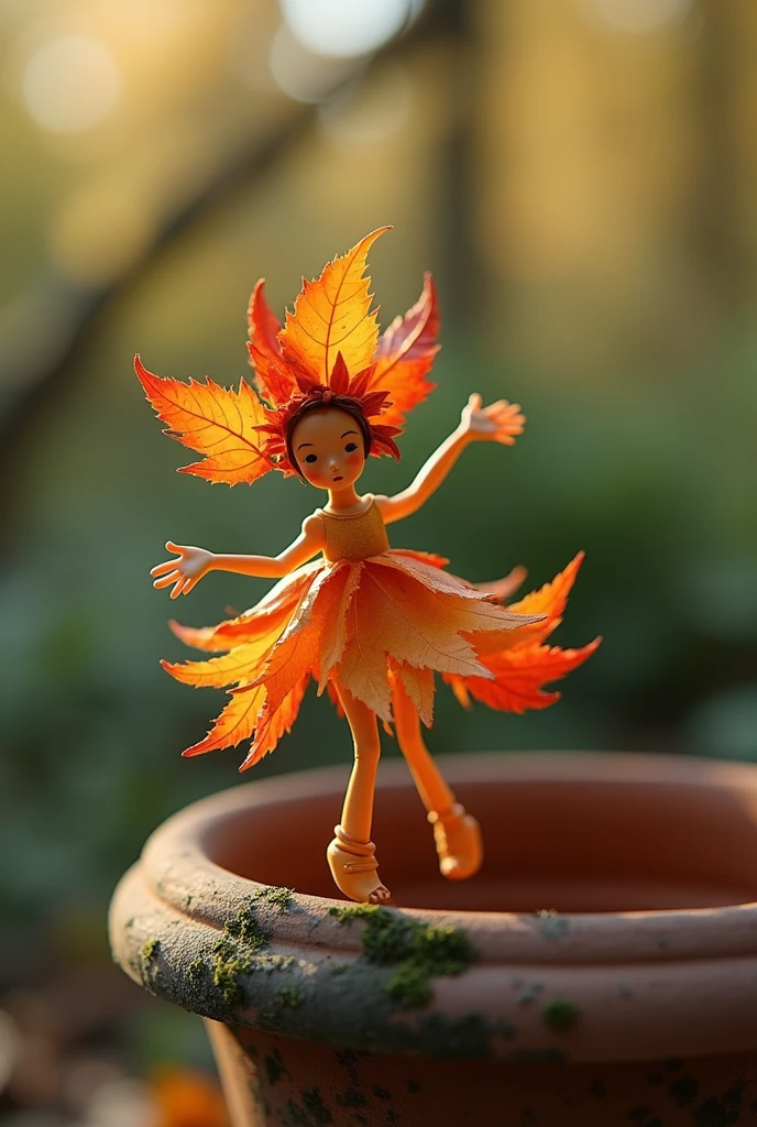A whimsical miniature figure composed of delicately arranged autumn leaves poised I'm a carefree dance on rim of a weather muss covered terracotta put set where deppled sunlight filters