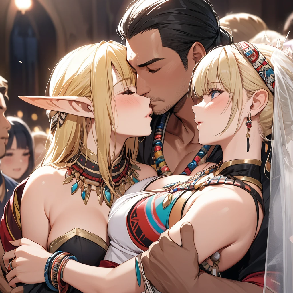 ((Best Quality)), ((masterpiece)), (detailed), （Perfect Face）、The high elf woman is Seras Ashlain, a blonde, medium-length-haired high elf wearing a colorful tribal costume of the black tribe, gorgeous jewelry accessories, and an engagement ring.、The woman is embracing and kissing a strong man from a black tribe in a wedding ceremony.