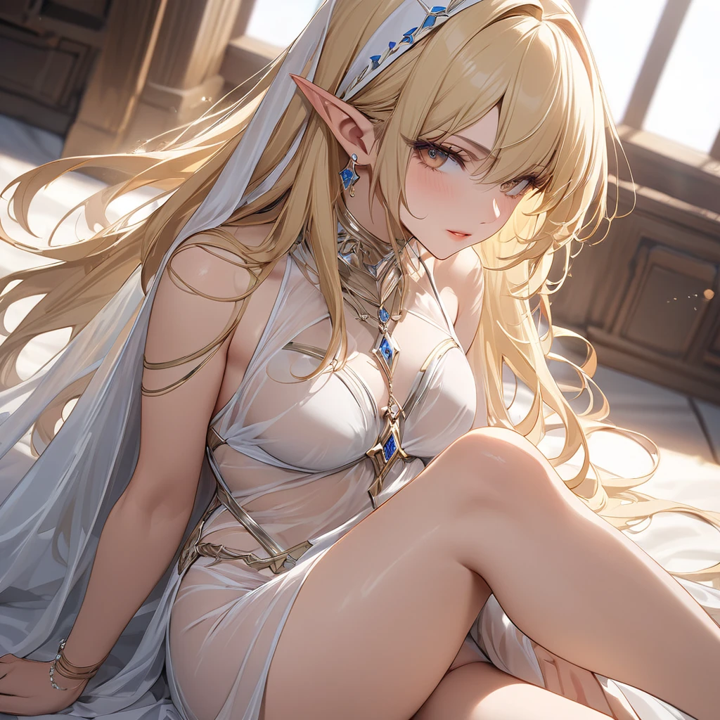 2D illustration, anime-style, beautiful girl, elf, ************, blonde, blue-eyed, hair ornament, smiling, open-chested, all-white ultra-thin fabric, see-through ancient-style robe, (without panties)), (the tip of the chest is raised and protruding)), (the entire chest is showing through), floating hem, holding a magic wand in his left hand, dancing, collar, bangle, anklet, bare feet, (( Person up, low angle, crotch up, exposed closed crotch, crotch droplets)), wet body, wet clothing, dungeon passage, wind blowing, ambient occlusion, halation