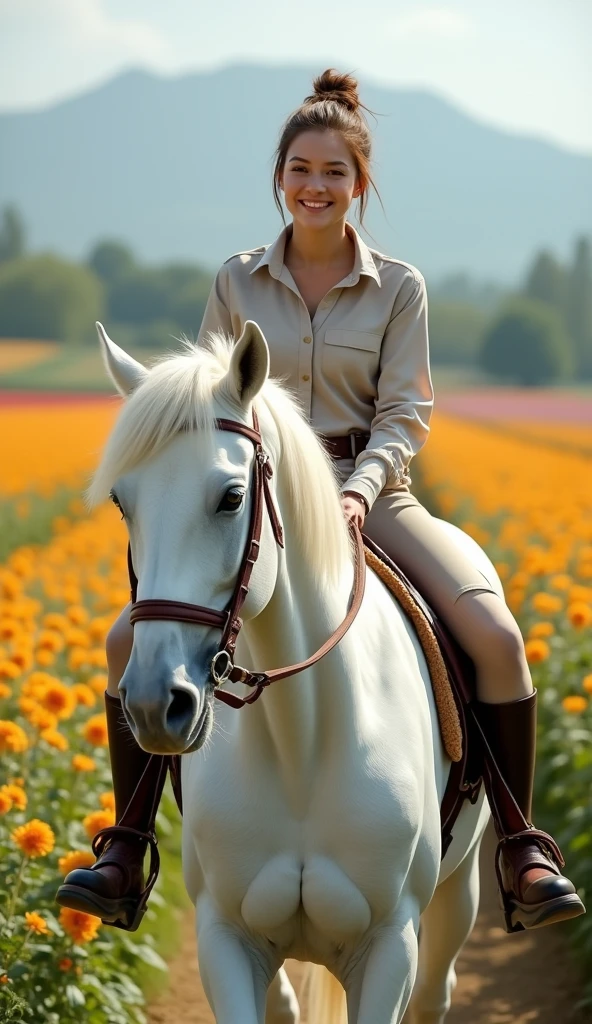 A beautiful girl with a curvy body and short hair tied up. wearing a long sleeve shirt, wearing boots. Riding a big, handsome white horse,, smiling facing the camera, realistic photo.full hd, Camera angle from far 0,6, with a backdrop of expanses of flower plantations, horse's feet photographed
