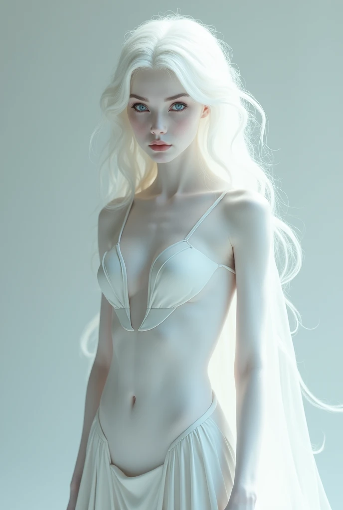 closeup, air elemental woman, fully naked, topless, long white hair, blue eyes, (blue skin), detailed face, thin body, blue sky background, looking from below