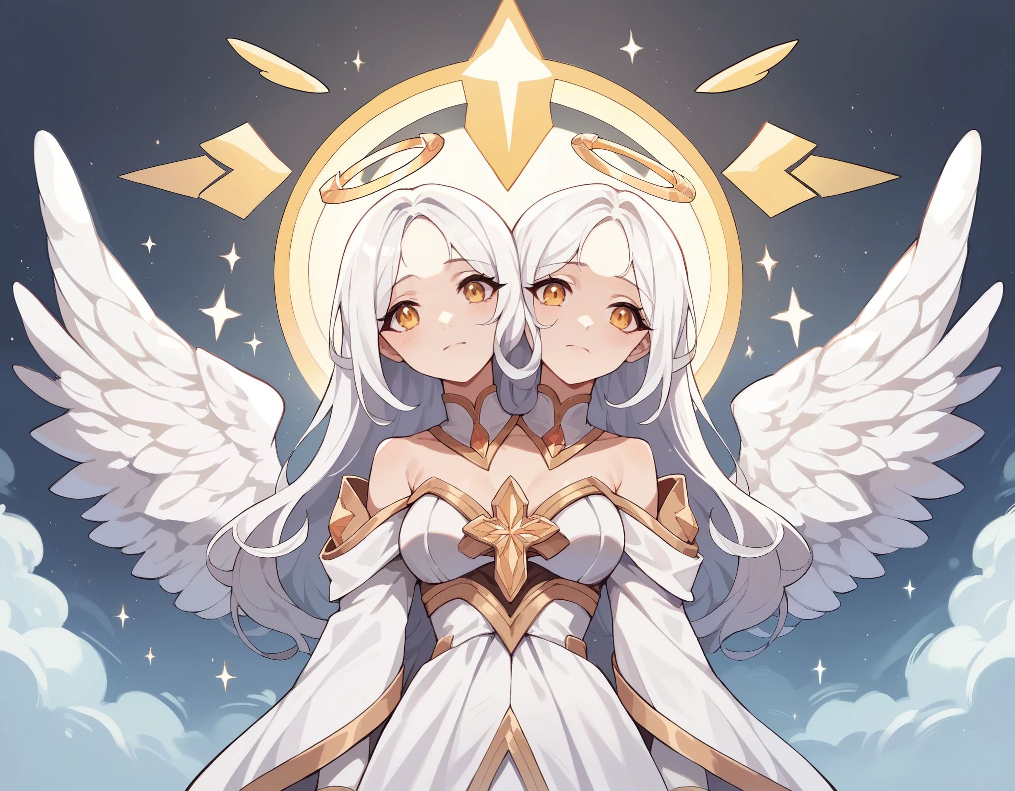 (masterpiece, best quality), best resolution, two heads, 1girl, white hair, golden eyes, halo, angel wings, serene expression, heaven background