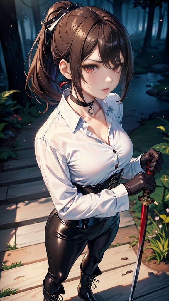 ((blood droplets)), ((blood)), ((blood splatter)), ((blood on clothes)), ((blood stain)), Masterpiece, Beautiful art, professional artist, 8k, Very detailed face, Detailed clothing, detailed fabric, 1 girl, Chiori \(genshin impact\), standing, view from behind, perfect ass, perfectly drawn body, shy expression, pale skin, beautiful face, long black hair, 4k eyes, very detailed eyes, pink cheeks, glasses, choker:1.6, (white collar button down long sleeve shirt), black gloves, gloves that cover hands, (holds an ax with his right hand), (black leather corset), (shiny black leggings), Sensual Lips , evening de invierno, show details in the eyes, looking at the viewer, Dark road, dark forest, evening, Atmosphere, fog