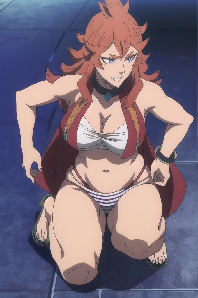 2D, work of art, best quality, anime, highly detailed face, highly detailed background, perfect lighting, 1 , Alone, full body, (side focus:1.4), mereoleona vermillion black clover looking at the viewer, Long hair , Red hair , blue eyes sharp teeth , big breasts,  bracelet,  , joy, collar, May, Bikini, cleavage, Striped bikini, vertical Striped bikini, navel, 